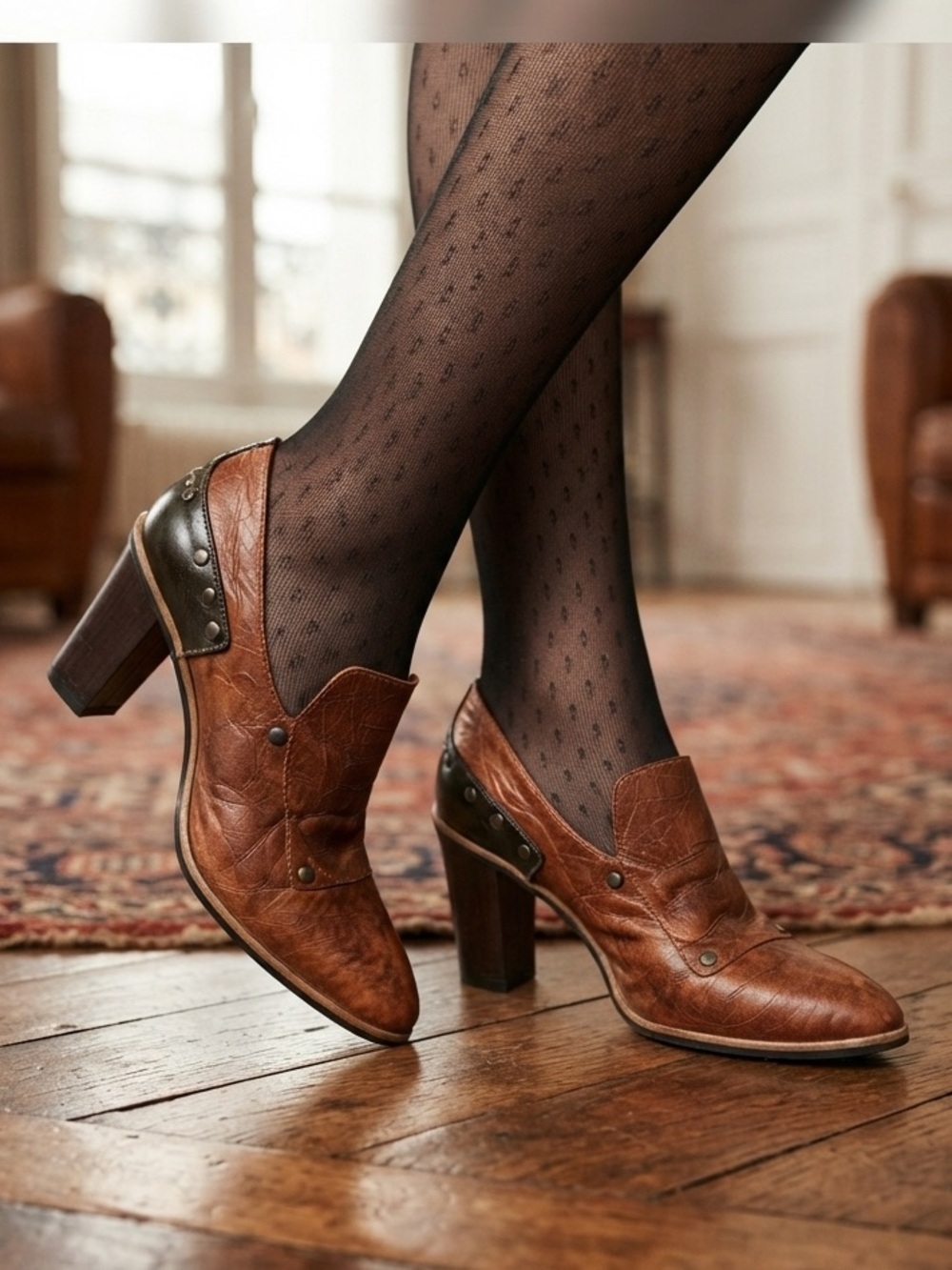 Eject Brown Leather Heeled Loafers with Studded Black Detailing
